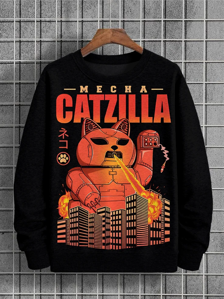 Men's Japan Mechanical Catzilla Illustration Print Casual Sweatshirt