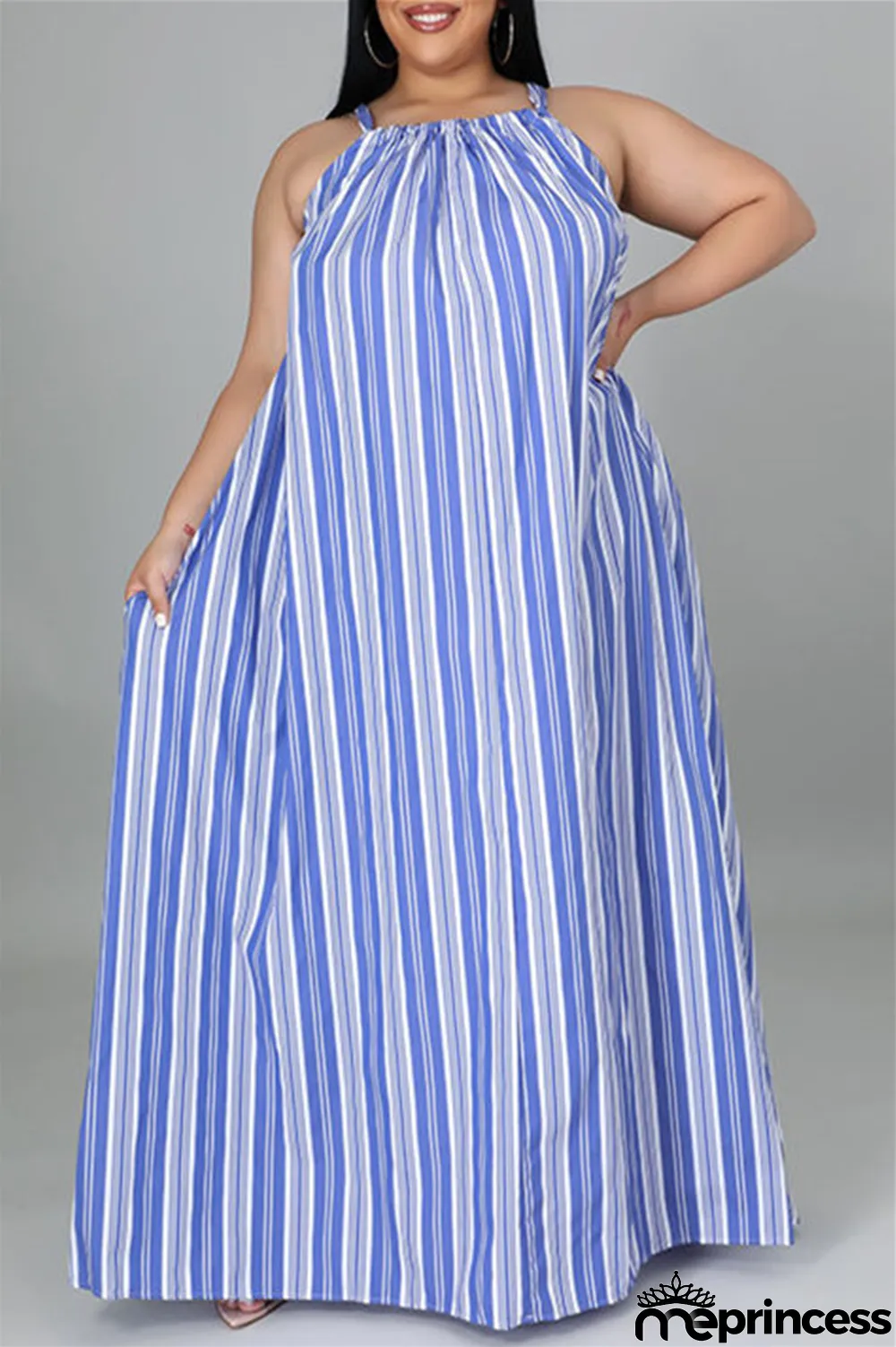 Light Blue Fashion Casual Plus Size Striped Print Backless O Neck Sleeveless Dress