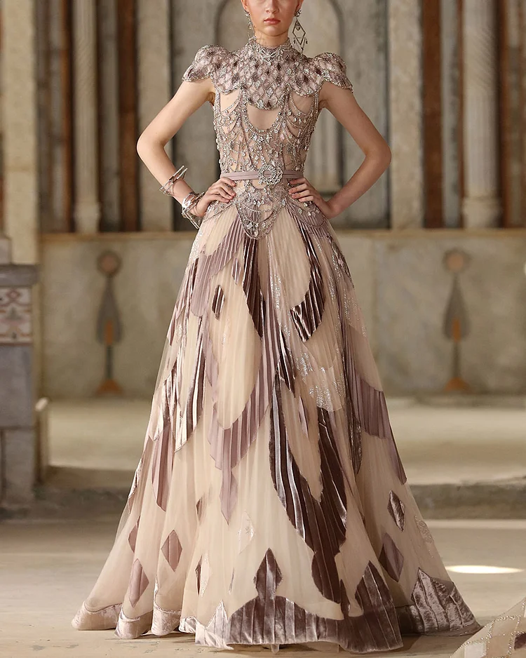 Crystal Sequin Pleated Gown