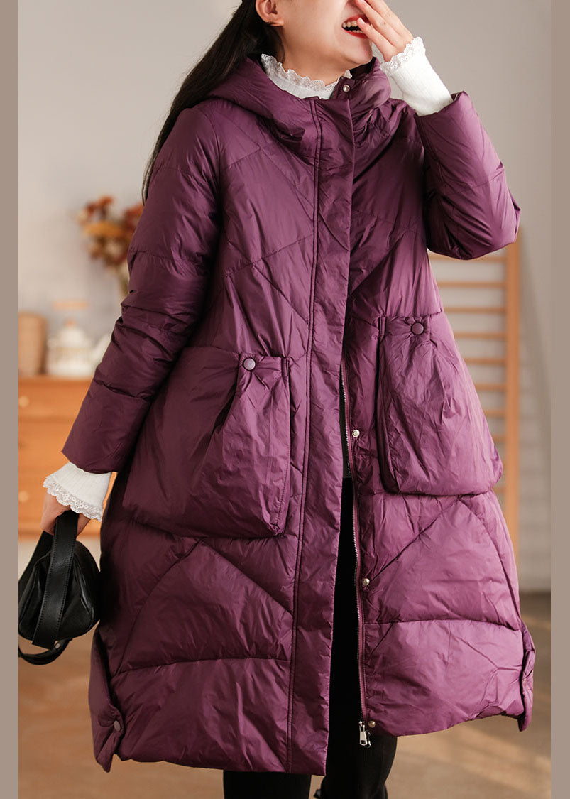 VCSHOES Purple Hooded Pockets Duck Down Down Coat Winter
