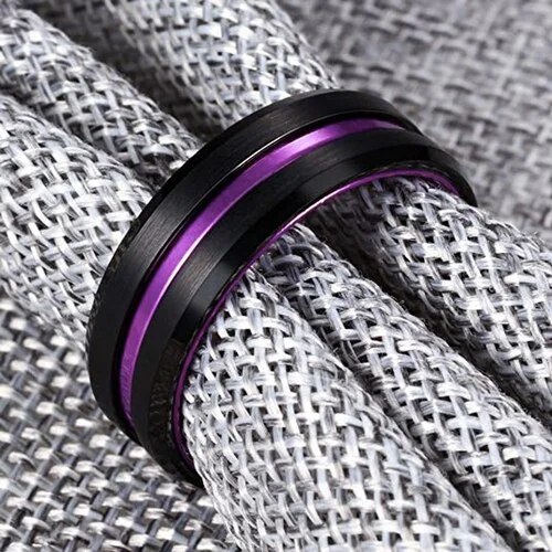 6MM 8MM Women's Or Men's Wedding Tungsten Carbide Wedding Matching Rings Black and Purple Groove Matte Finish with Beveled Edges