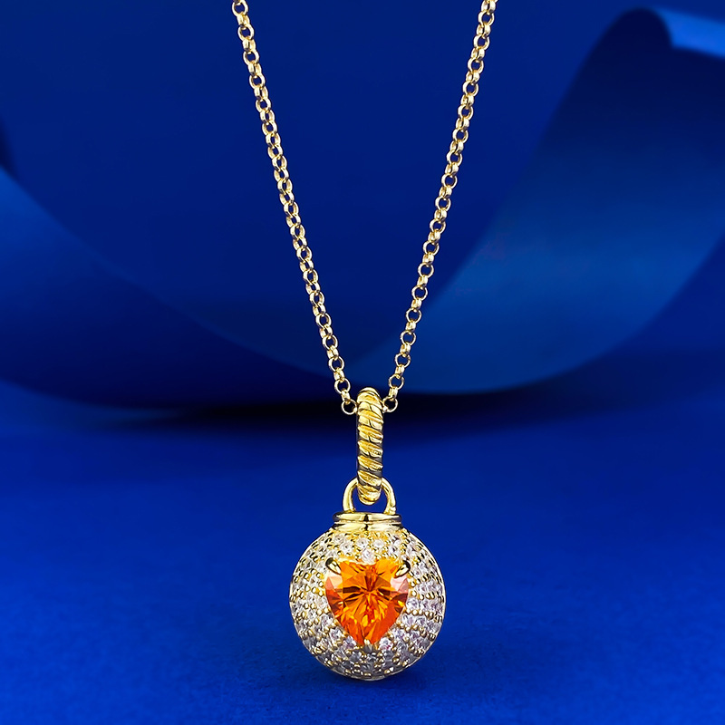MIKAMU S925 Silver Round Pendant Necklace with Heart-Shaped Fanta Orange Gemstone and Full Pave Setting