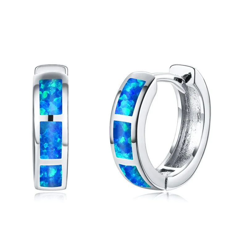 Boho Female Blue White Opal Earrings Rose Gold Silver Color Wedding Earrings Trendy Bridal Round Hoop Small Earrings For Women