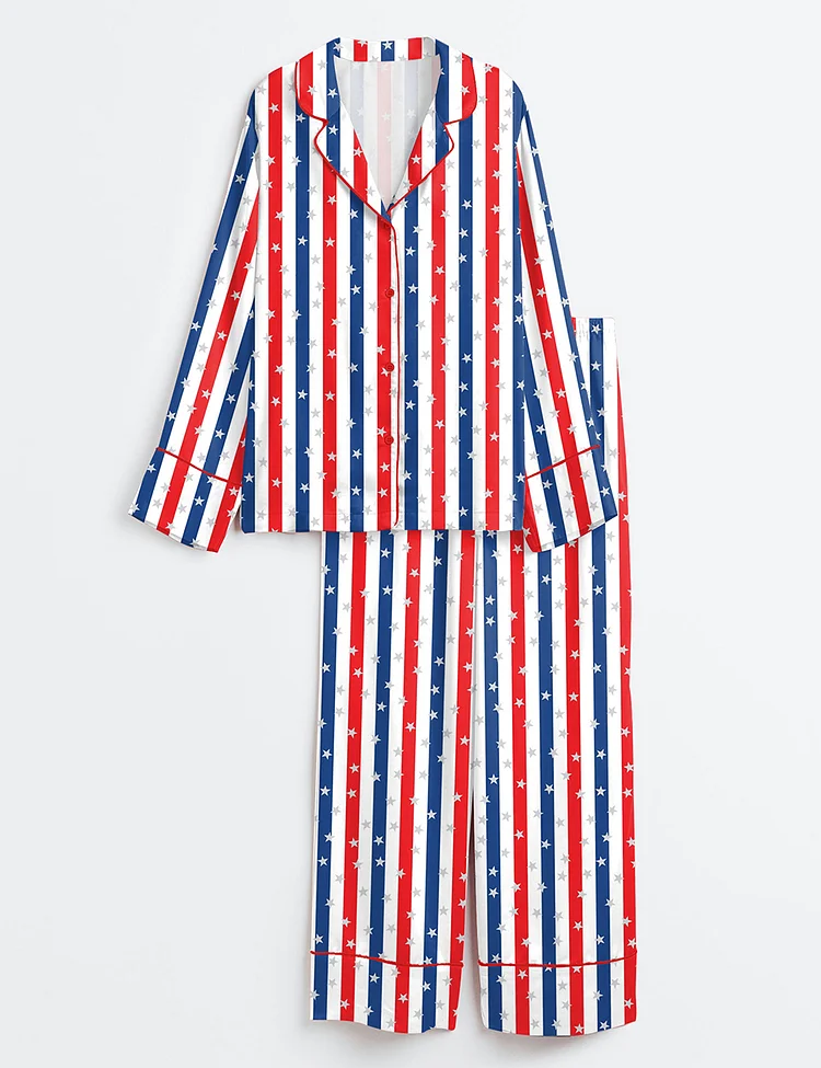 Women&rsquo;s America 4th Of July Red White And Blue Stripe Long Sleeve Satin Pajama Set