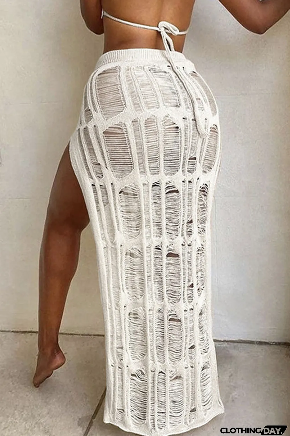 Khaki Sexy Solid Hollowed Out Patchwork Backless Slit Halter Sleeveless Two Pieces