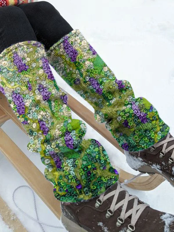 Floral retro print knit boot cuffs leg warmers