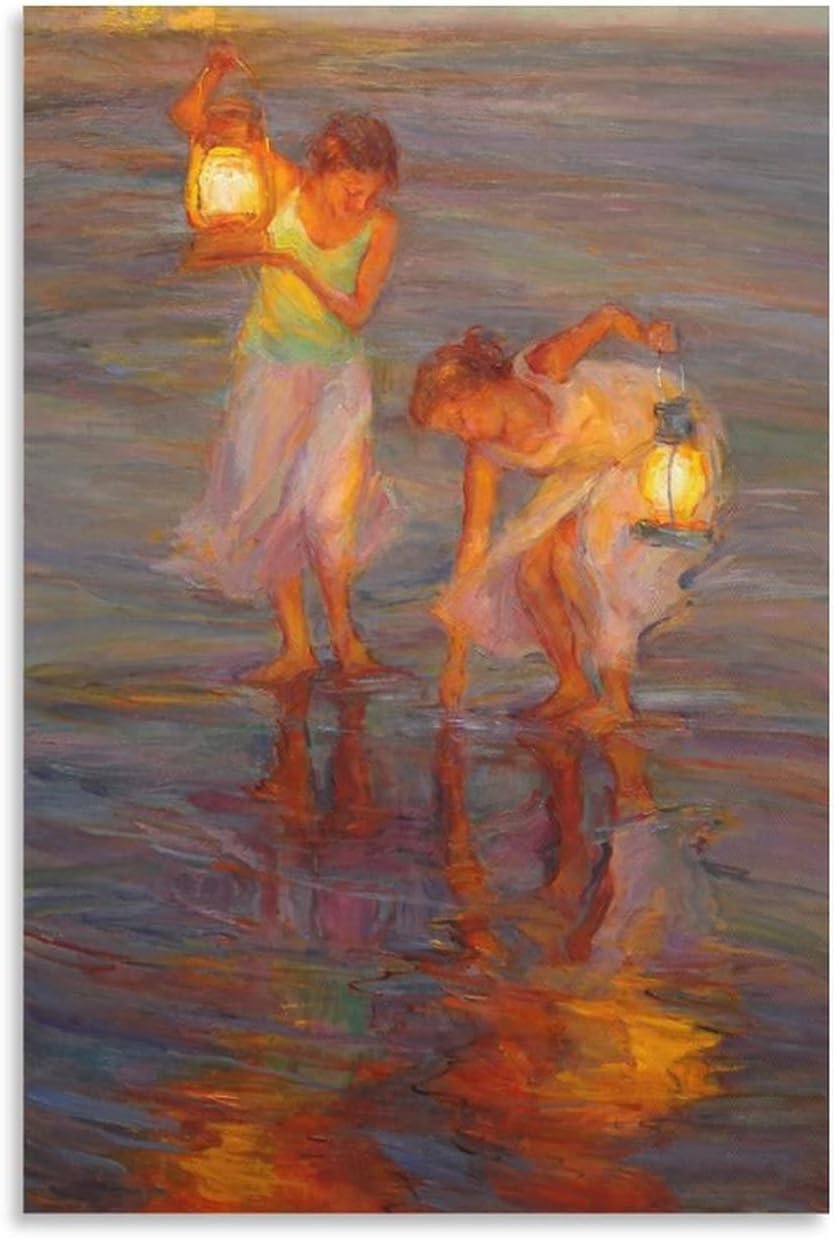 Abstract Oil Painting Art Poster Two Little Girls Picking Up Seashells on The Beach Art Wall Decor Canvas Painting Posters and Prints Wall Art Pictures for Living Room Bedroom Decor 16x24inch(40x60cm