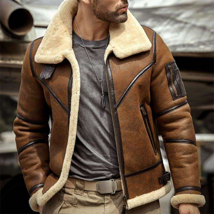Casual Turndown Collar Asymmetric Zipper Plush Lined Slim Jacket