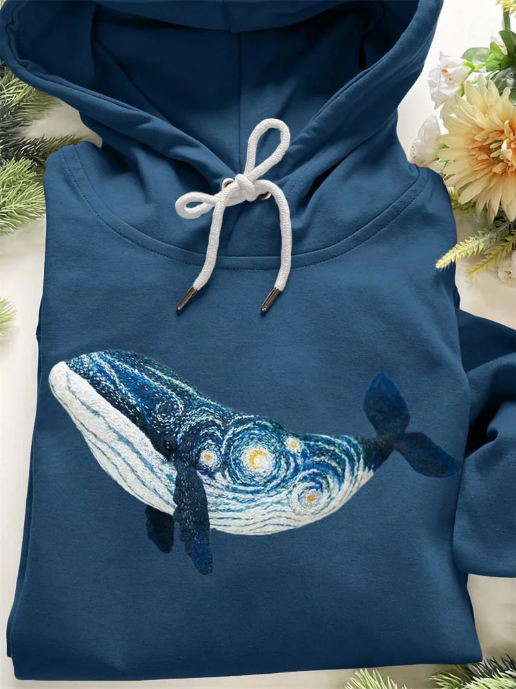 Starry Night Inspired Whale Embroidery Art Cozy Hoodie / DarkAcademias /Darkacademias