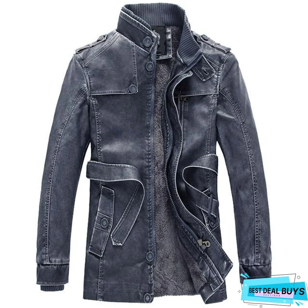 Winter Leather Jacket Mens Casual Warm Mens Long Leather Trench Coat Washed Pu Leather Motorcycle Jacket Plus Size