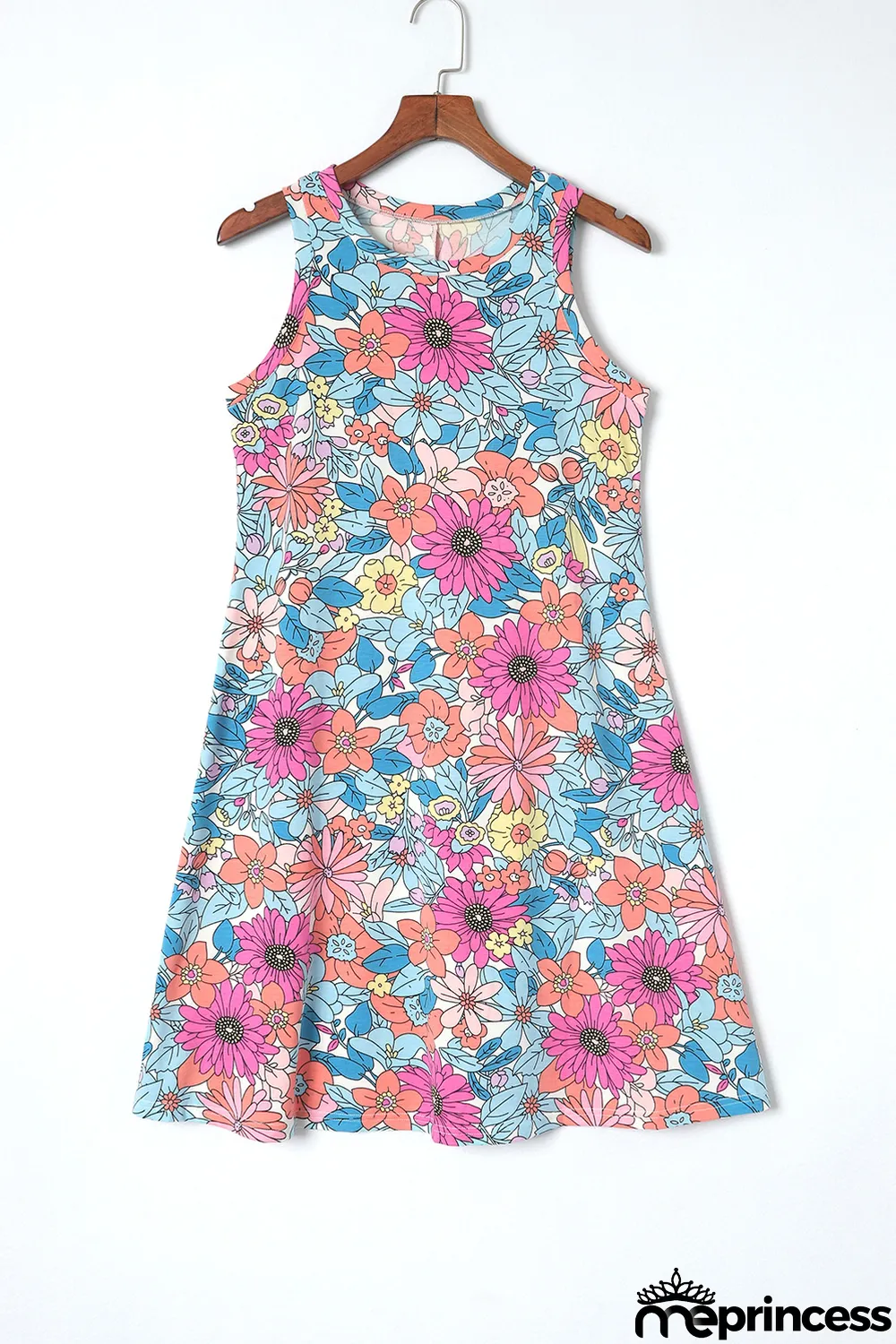 Multicolor Round Neck Sleeveless Floral Mini Dress
