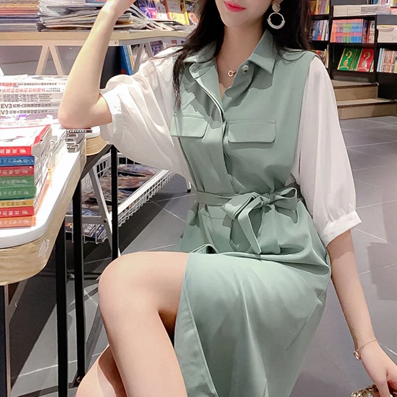 Jangj Style Empire Belt Turn-down Collar Solid Color Patchwork A-LINE Shirt Fashion Half Sleeve Elegant Dress Women's Clothing