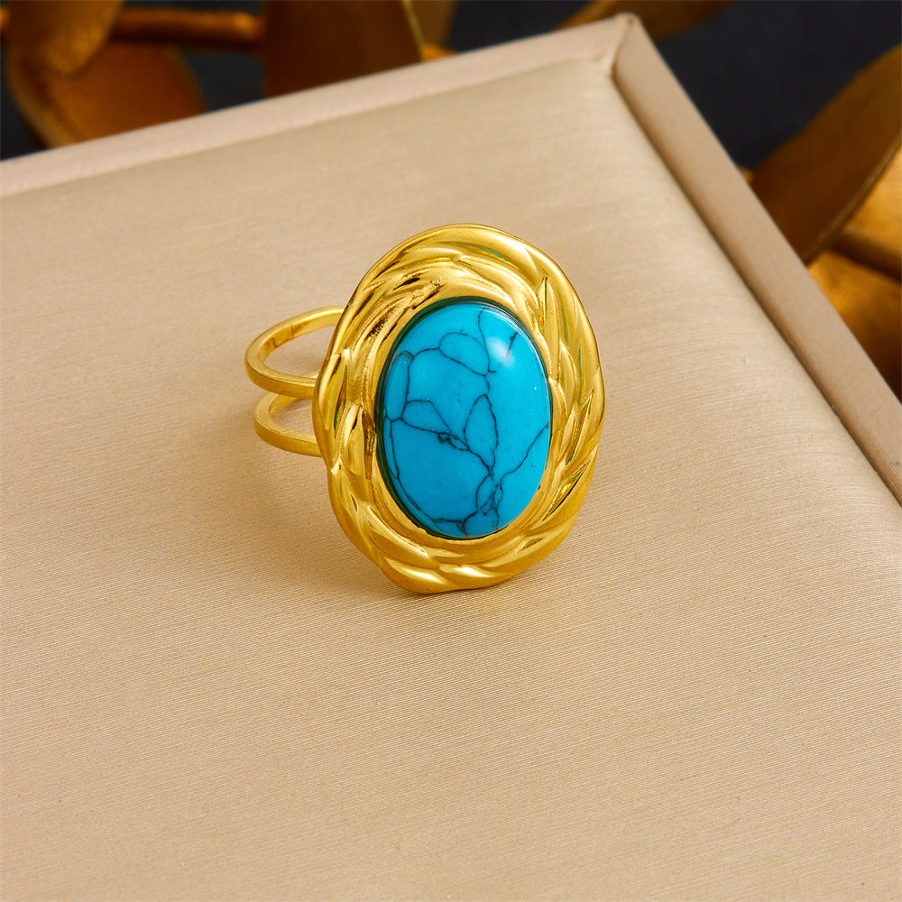 Fashion Retro High-End Open Adjustable Line Oval Inlaid Blue Turquoise Accessories Stainless Steel Ring