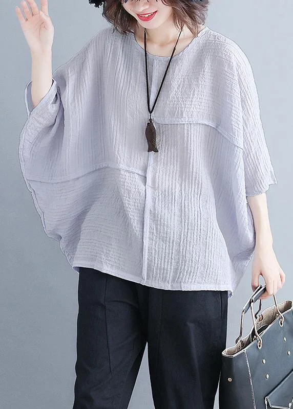 Classy o neck Batwing Sleeve patchwork cotton blended Shirts Women design gray purple baggy tops Summer