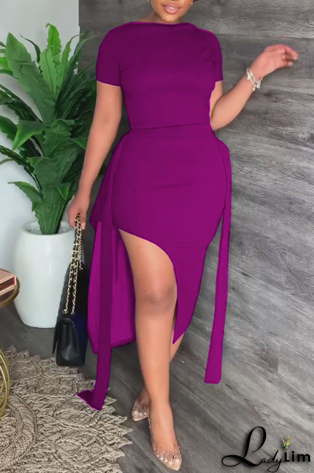 Black Celebrities Solid Bandage Patchwork Slit O Neck Short Sleeve Two Pieces