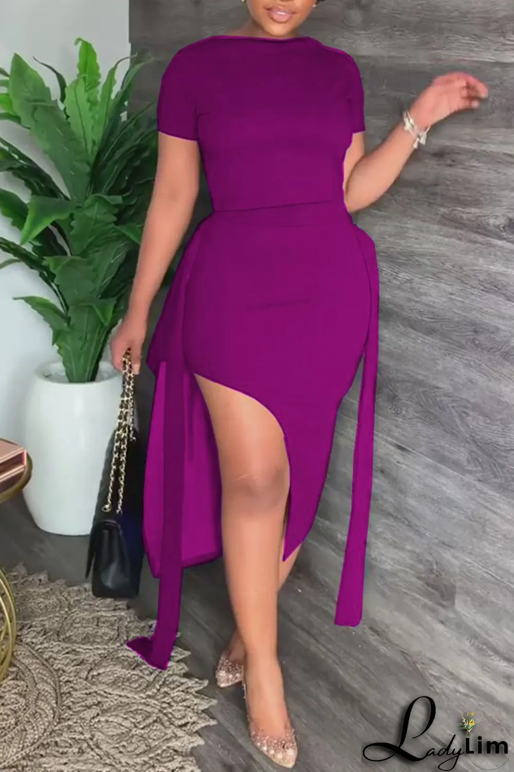 Black Celebrities Solid Bandage Patchwork Slit O Neck Short Sleeve Two Pieces