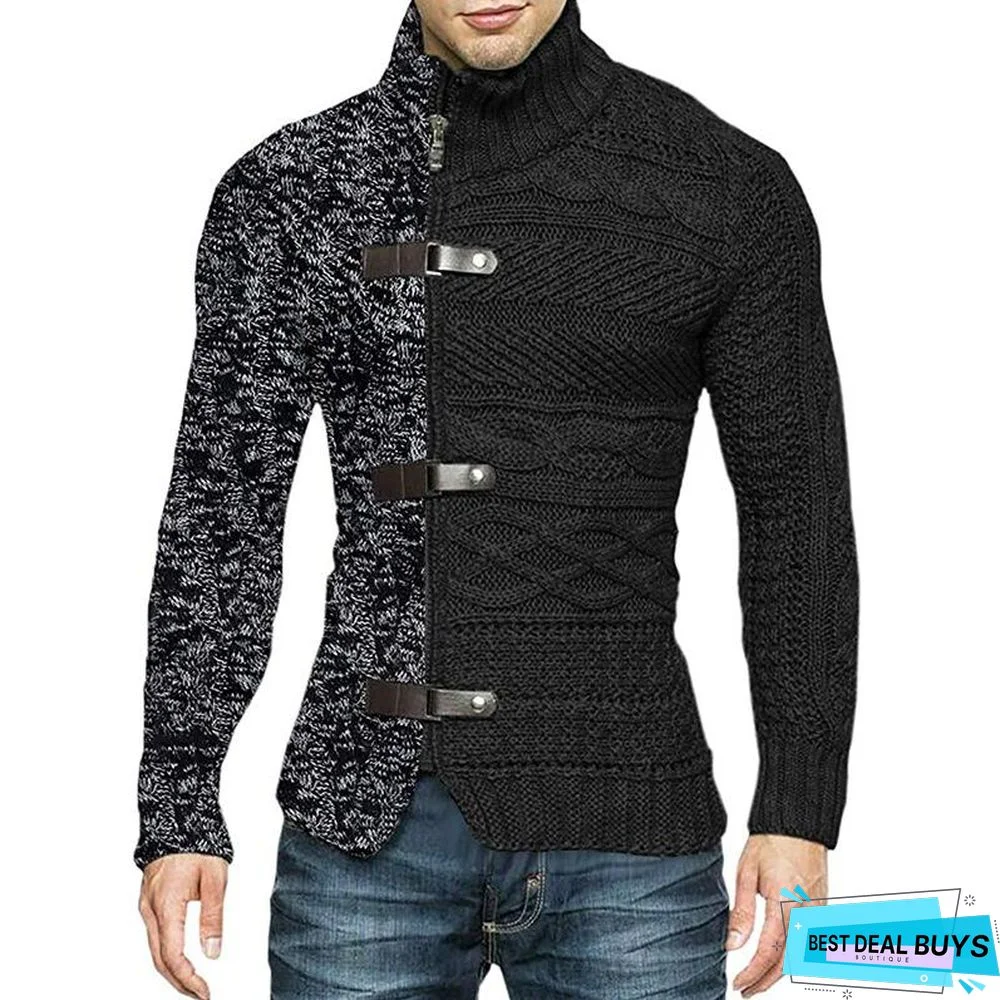 High Neck Sweater Men's Color Matching Leather Buckle Long Sleeve Knitted Cardigan
