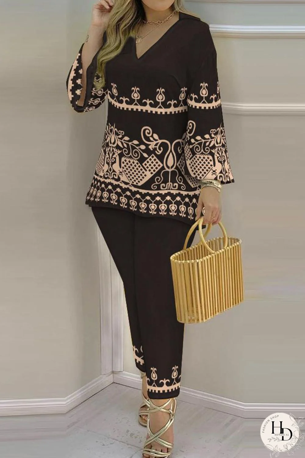 Black Casual Print Patchwork V Neck Long Sleeve Two Pieces