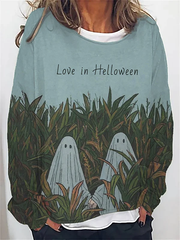 Women's Love In Halloween Ghost Corn Field Print Layered Sweatshirt