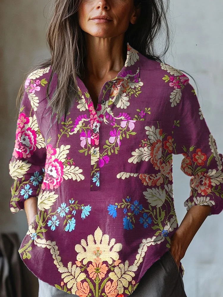 Women's   Floral  Art Print Casual Cotton And Linen Shirt