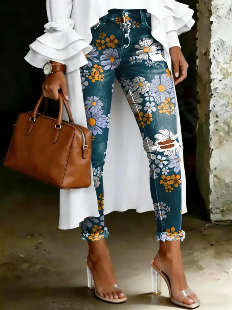 Women's Vintage Floral Totem Print Casual High-waisted Ripped Skinny Jeans