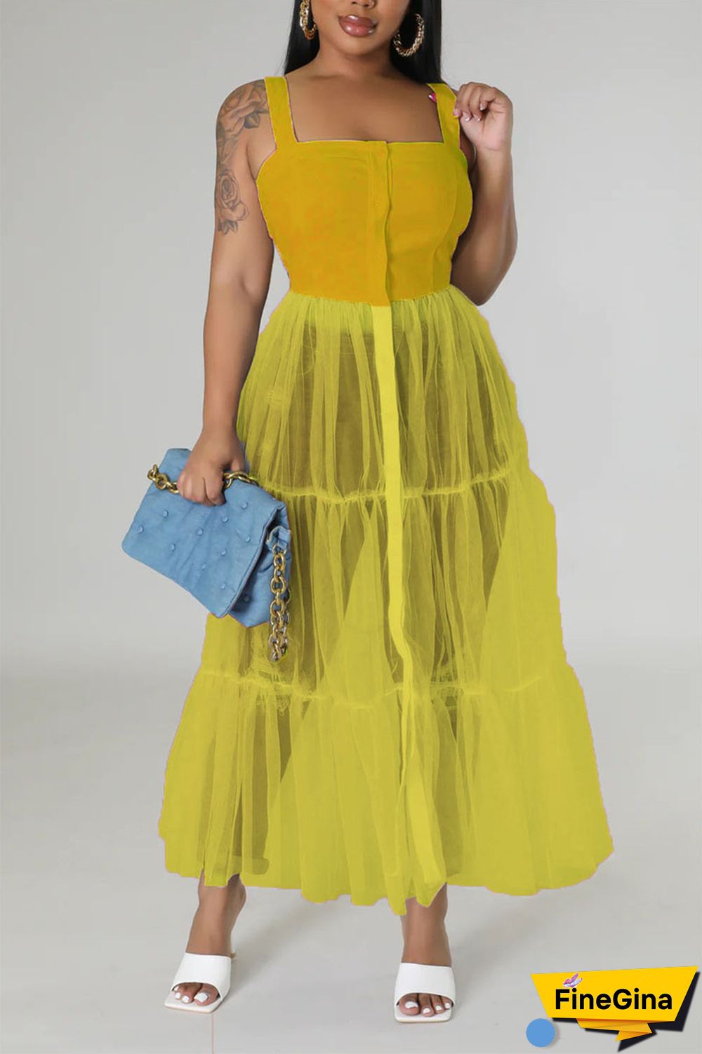 Black Casual Simplicity Solid Patchwork Fold Mesh Spaghetti Strap High Waist Tops