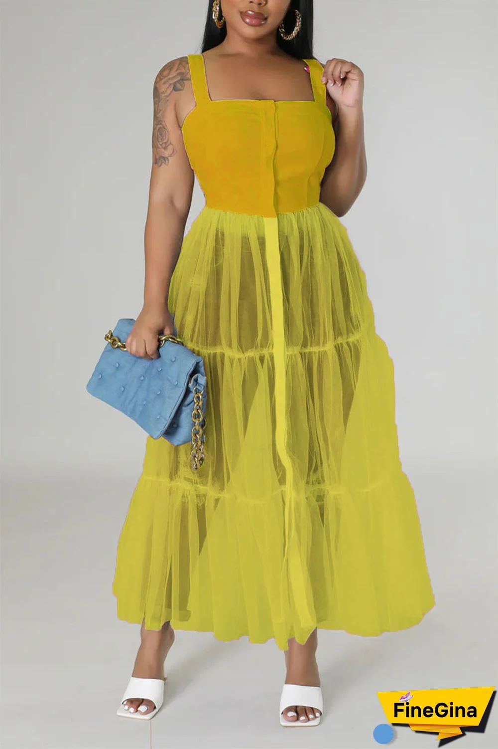 Black Casual Simplicity Solid Patchwork Fold Mesh Spaghetti Strap High Waist Tops