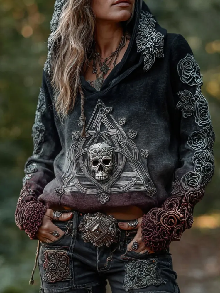 Women's Vintage Rose Skull Celtic Triangle Gradient Cotton And Linen Hoodie