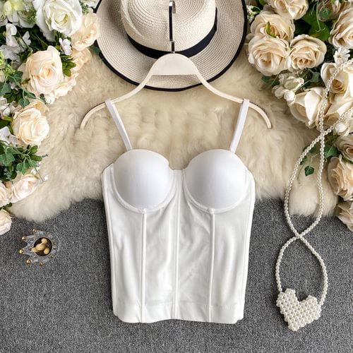Bustier Camisole Bra Sexy Crop Top Spaghetti Strap Tanke Tops Corset Built In Bra Off Shoulder Cami Fashion Solid Color Camis - Life is Beautiful for You - SheChoic