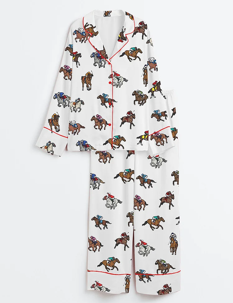 Women&rsquo;s Derby Horse Racing Kentucky Derby 2025 Equestrian Jockey Print Long Sleeve Satin Pajama Set