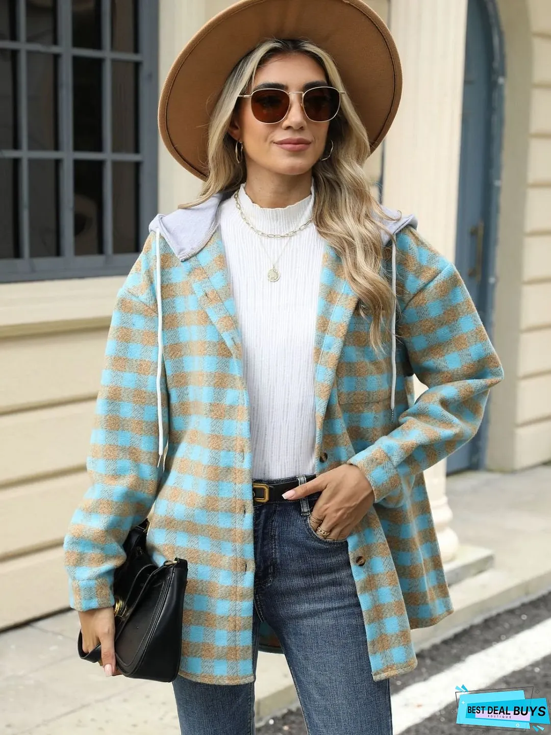 Drawstring Plaid Long Sleeve Hooded Jacket