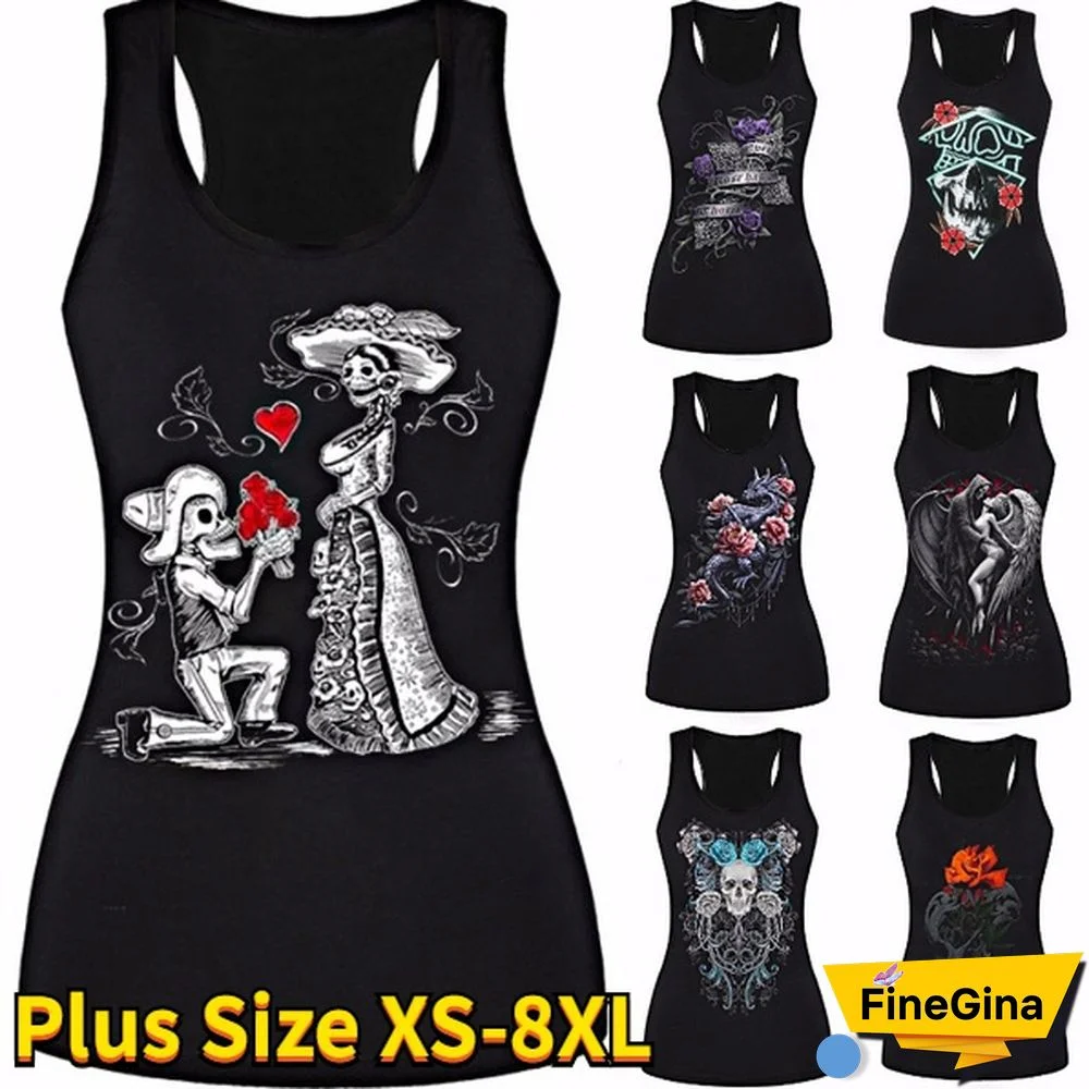 New Women's Skull Print Cut Out Back Tank Top Gothic Sleeveless Shirt Tops Racerback Vest Tops Plus Size XS-8XL