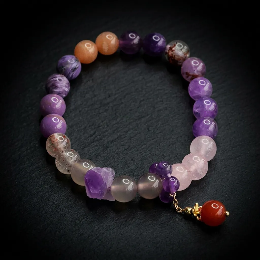 JiStones Celestial Violet Harmony Multi-Gemstone Bracelet - Amethyst & Rose Quartz Energy Celestial Violet & Mixed Gemstones-Petite 7-8mm Beads