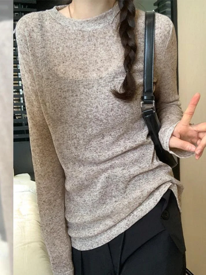 Brownm Solid Color Thin Long Sleeve Knit