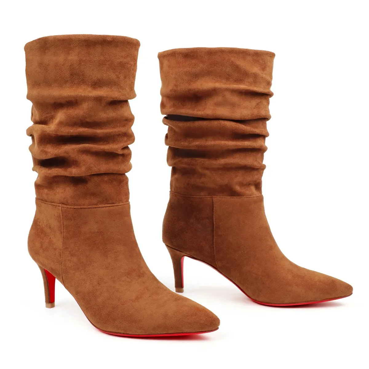 60mm Women's Mid-Calf High Wrinkled Slouchy Boots Pointed Toe Stiletto Heel Red Bottom Boots-MERUMOTE