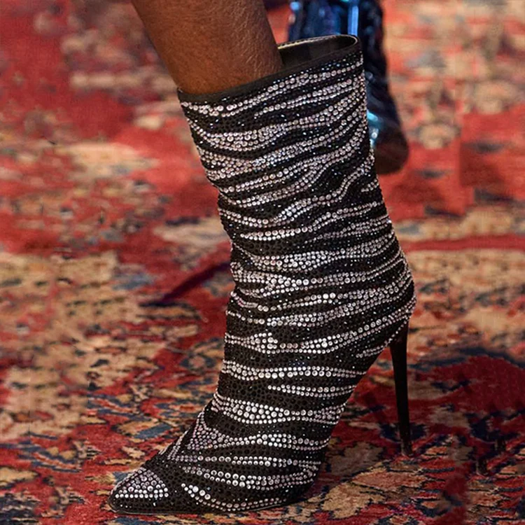 Black Pointed Toe Rhinestone Boots Elegant Stiletto Heels Vintage Mid-calf Boots |FSJ Shoes
