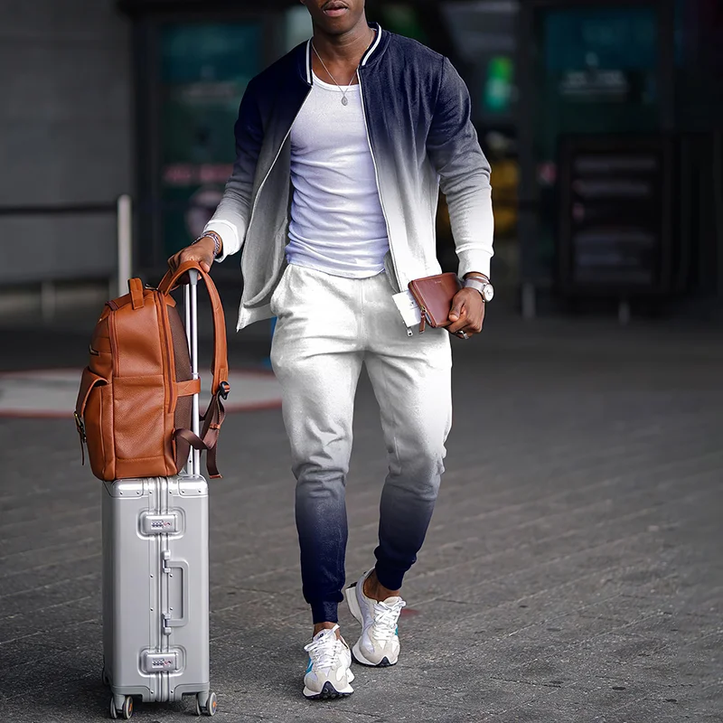 Leisure Blue White Jacket And Pants Two Piece Set