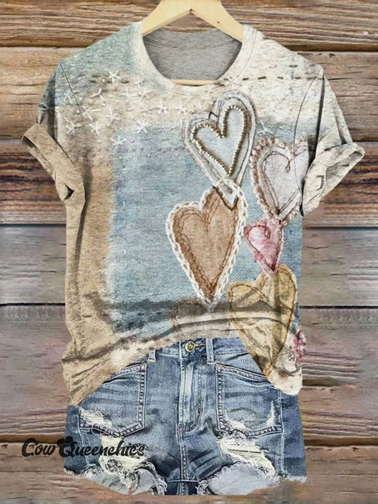 Vintage Heart Print Casaul Short Sleeve T-shirt Multicolor / S
