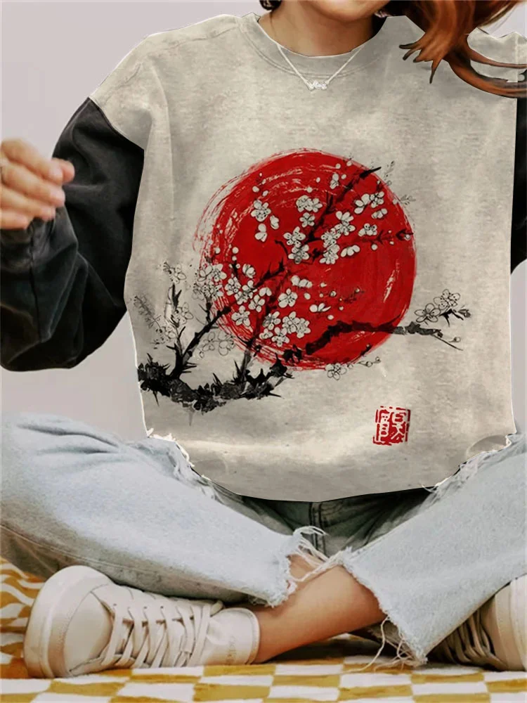 Sunrise Plum Blossom Japanese Art Cozy Sweatshirt / DarkAcademias /Darkacademias