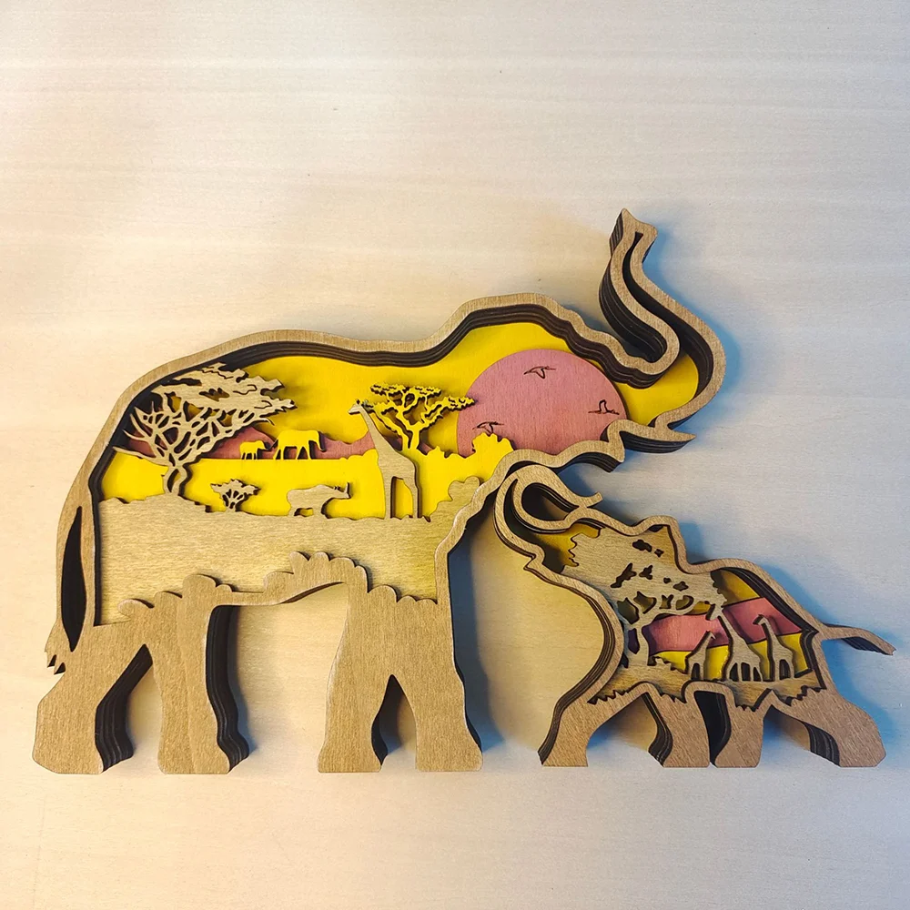 Purexcellent&trade; New creative home desktop wood carving elephant parent-child crafts decoration