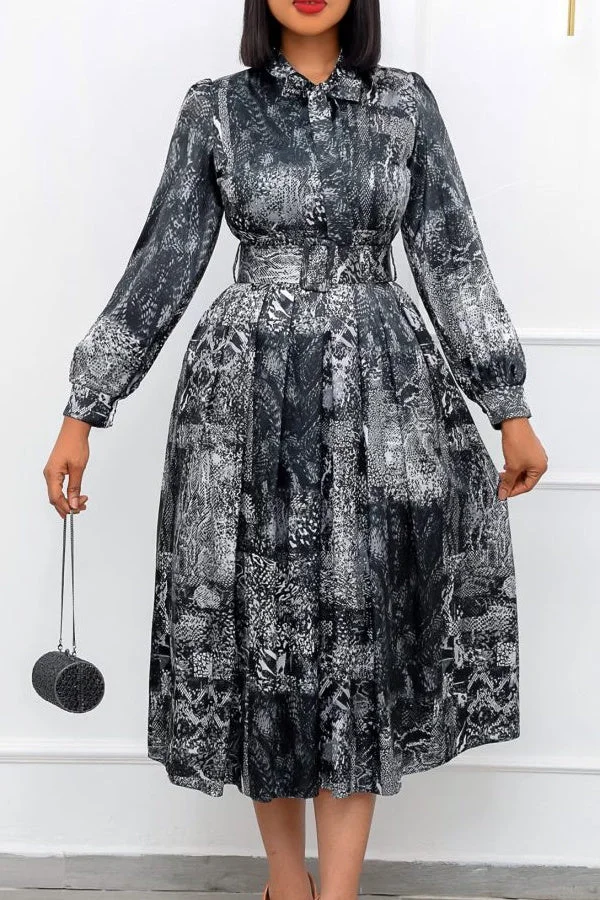 Long Sleeve Printed Belted Dress