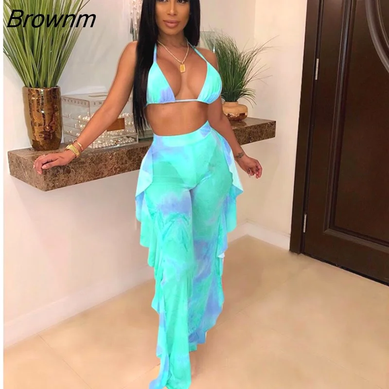 Brownm Tie Dye Print Mesh Summer Beach Two Piece Set with Panties Women Sexy Bra Halter Crop Top Ruffle Wide Leg Pants Suit