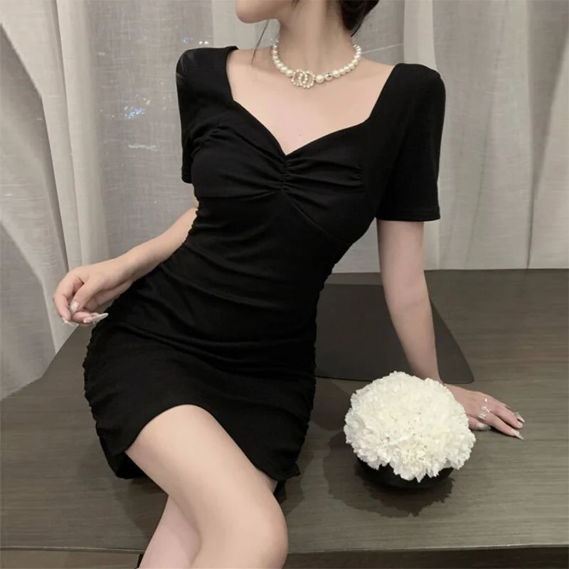 Jangj Collar Folds Pink Hip Package Dress 2022 Short Sleeve Sexy Spring Summer Dress Korean Style Elegant Dress for Female