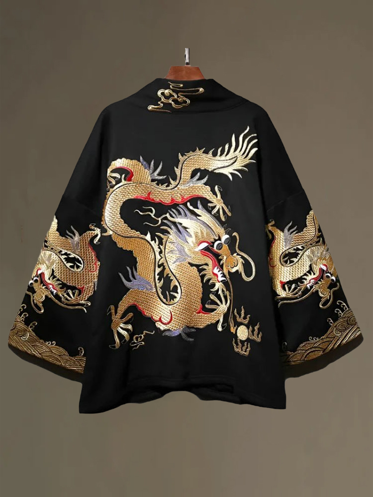 Men's Vintage Japanese Art Dragon Embroidery Print Coat