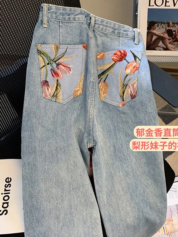 Jeans Mujer Summer Fashion Oversized Streetwear Retro Flower Print High Waist Blue Straight Casual Women Denim Trousers Harajuku