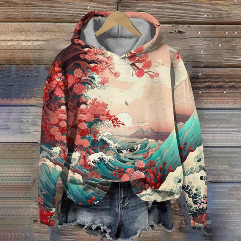 Women's Vintage Waves Floral Painting Art Printed Hoodie