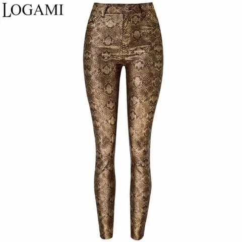 Pornhint LOGAMI Pu Leather Pants Women Sexy Snake Print Faux Pants Woman Pencil Trousers