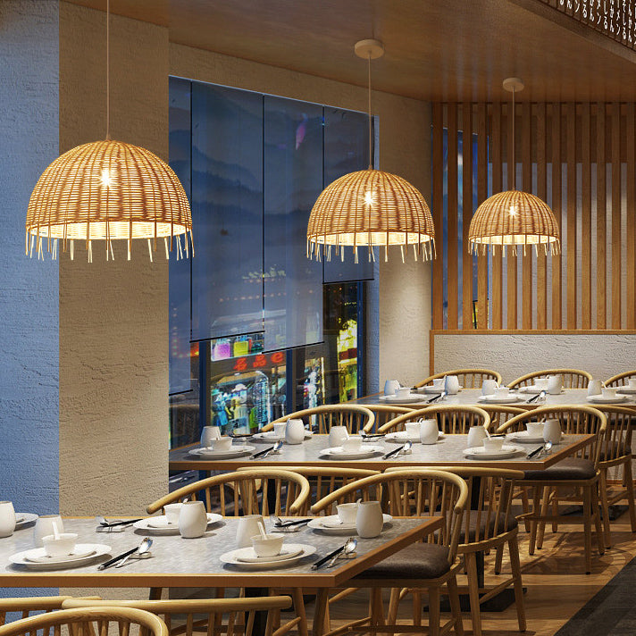 Traditional Vintage Rattan Half Ball Grass Rattan Bamboo 1-Light Pendant Light For Bedroom