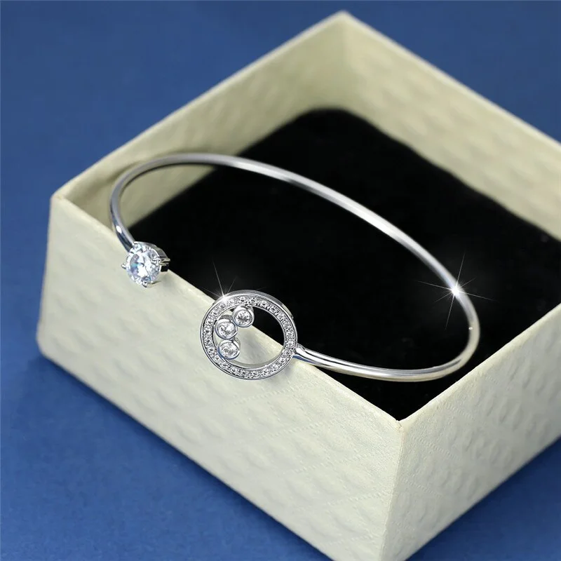 Luxury Female White Zircon Bracelet Cute Silver Color Adjustable Bracelets For Women Charm Hollow Round Chain Bracelet