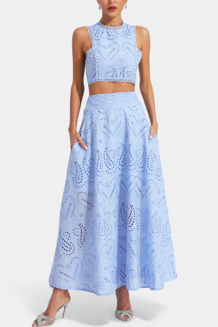 Eyelet Heart Pattern Crop Top and Maxi Skirt Set